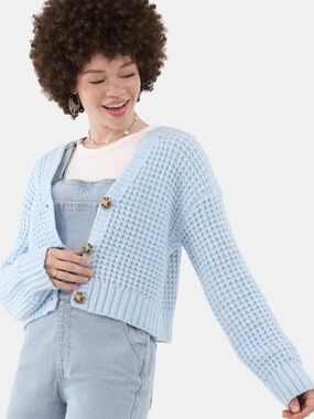 NWOT NO BOUNDARIES Freshwater Blue chunky knit cropped cardigan sweater small